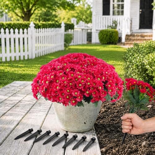 Artificial Flowers for Outdoors with Ground Spikes, 14 Stems Large Daisy Fake Flowers, Silk Faux Flowers for Outdoor Planters, Garden, Porch, Window Box & Cemetery Decor, 8 Bundles(Hot Pink) - Image 1