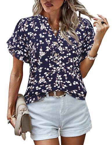 LOOKBOHO Womens Blouses Dressy Casual Chiffon Floral Tops Ruffle Short Sleeve V Neck Summer Loose Office Shirts Blue L - Image 1