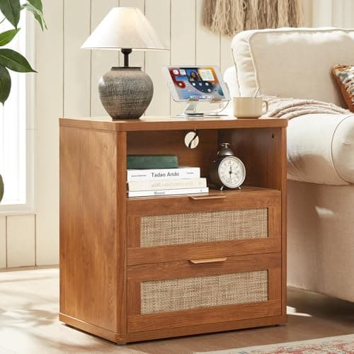 LEYAOYAO Rattan Night Stand with Charger Station, 23" Wide Boho Nightstand with 2 Drawers, Natural Wood Bedside Table Open Storage Cabinet, Bed Side End Tables Dresser for Bedroom, Living Room Hallway - Image 1
