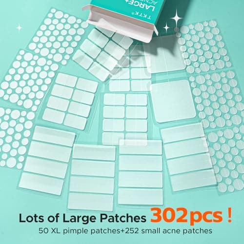 TKTK Large Pimple Patches for Face, 7 Sizes XL Acne Patches, Big Hydrocolloid Bandages for Body, Chin, Forehead, Chest, Back Zit Breakouts, Hydrocolloid Patch (Strip, Square, Dot 302 Count) - Thumbnail 2