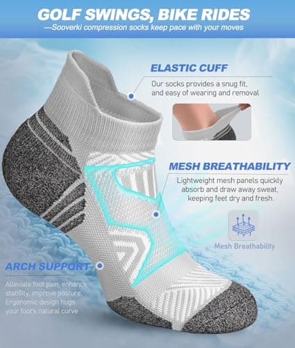 Cushioned Cotton Ankle Compression Socks for Men Women 6 Pairs Wicking Low Cut Arch Support Plantar Fasciitis Socks - Thumbnail 5