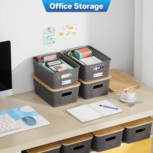 Anysig 8 Packs Plastic Storage Bins with Bamboo Lids - Stackable Storage Bins Decorative Small Basket Containers for Organizing Shelves Office Classroom Desktop Closet, Grey - Thumbnail 6