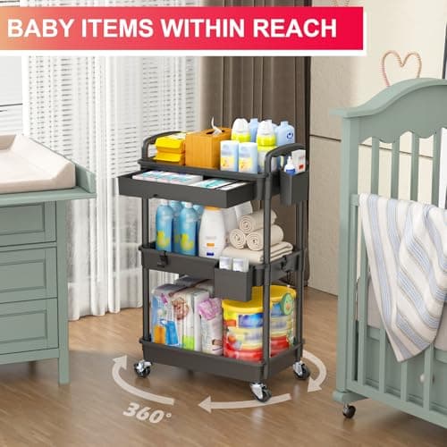 Goovilla 3 Tier Rolling Utility Cart Organizer with Removable Drawer, Stable and Sturdy Black Rolling Storage Carts with 2 Lockable Wheels for Bathroom, Kitchen, Snack, Craft, Makeup, Baby Essentials - Thumbnail 6
