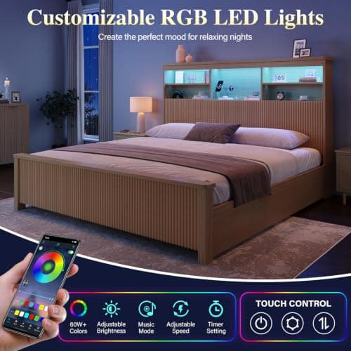 Uteeran King Size Bed Frame and Tall Headboard & Storage, Metal Platform Bed Frame with 4 Storage Drawers, King Bed Frame with LED Lights & Charging Ports, No Box Spring Needed, Noise-Free, Natural - Thumbnail 3