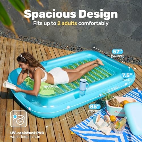 SLOOSH Inflatable Tanning Pool Lounger Float, 85" x 57" Extra Large Pool Floats Adult with Pillow, 4 in 1 Suntan Tub Raft Floatie,Sunbathing Bed Lounge for Water Blow Up Ball Pit, XL-Blue Green - Thumbnail 2