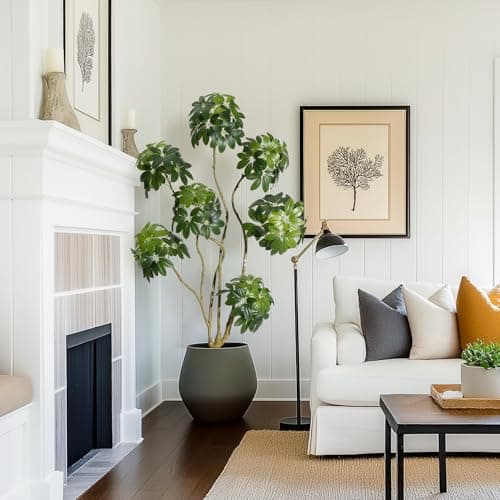 GarveeHome 5 ft Tall Fake Plant Indoor,Faux Floor Tree Fake Trees in Decorative White Planter with Multiple Trunks Design, Artificial Umbrella Schefflera Tree for Home Offices Porch Decor - Image 1