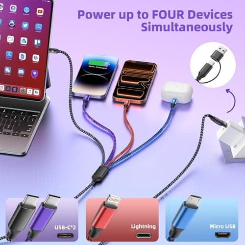 4 in 2 Dual USB C Multi Charging Cable, Phone Charging Cords [5FT] for Multiple Devices with 2 Type-C, IP and Micro USB Cable, Charger Cord Type C for iPhone 17-8, Android, Pad - Thumbnail 3