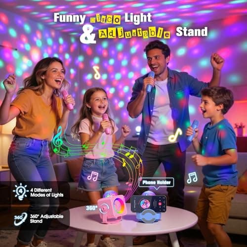 Disco Light Kids Karaoke Microphone: Boys Birthday Gifts Toys for 4 5 6 7 8 9 10 11 12 Year Old LED Lights Stand Bluetooth Karaoke Machine Portable Bluetooth Speaker with 2 Wireless Microphone Family - Thumbnail 2
