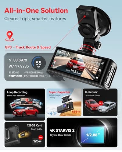 REDTIGER 4K STARVIS 2 Dash Cam Front and Rear, 5GHz WiFi 20MB/s Download, 128GB Card Included, Voice Control, Dash Camera for Cars with 3.18" Touch Screen, GPS, Loop Recording, Parking Mode(F7N Touch) - Thumbnail 3