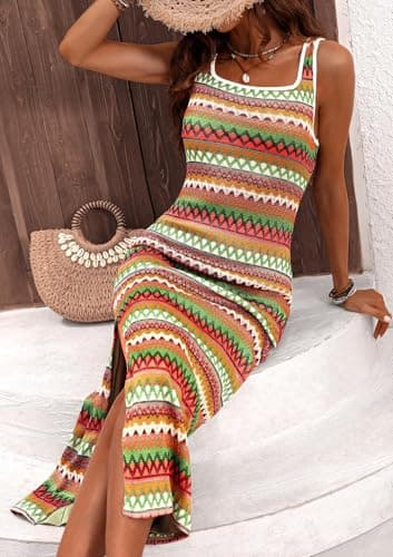 PRETTYGARDEN Tank Dress for Women 2026 Summer Casual Striped Maxi Dresses Fitted Square Neck Beach Vacation Bohemian Sundress (Green,L) - Thumbnail 3