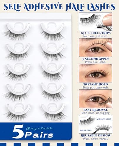 Obeyalash Waterproof Self Adhesive Eyelashes,Half Eyelashes 6-14mm, 5 Pairs Natural Look Stick on False Eyelashes, No Glue Needed, Wispy Glueless Lashes Reusable and Comfortable (M874) - Thumbnail 2