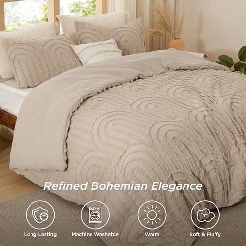 Bedsure Boho Tufted Khaki Twin/Twin XL Comforter, GentleSoft™ 2 Pieces Boho Farmhouse-Style Decor Bedding, Arch Bedding for All Seasons, 1 Bed Comforter, 1 Pillow Shams, 68x88 Inches - Thumbnail 2