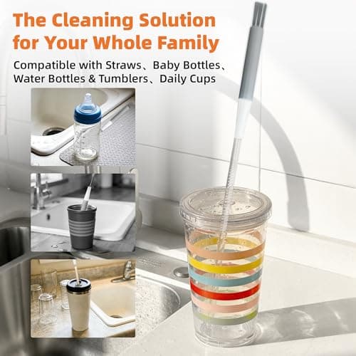 PROOCI Straw Cleaner Brush for Stanley, 2-Pack Multi 3 in 1 Extra Long Straw Cleaning Brush Set for Reusable Straws, Tumblers, Lids, Sippy Cups, Water Bottle, Nipples & Fine Gaps - Orange & Gray - Thumbnail 5