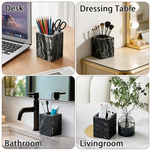 Natural Marble Toothbrush Holder: Pen Holder - Makeup Brush Holder - Marble Organizer for Vanity- Cup for Bathroom - Office & Home Countertop Organizer - Desk Organizer - Dark Gray - Thumbnail 5