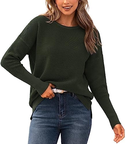 BTFBM Casual Women 2025 Fall Sweater Long Sleeve Ribbed Knit Pullover Loose Crewneck Batwing Split Sweater(Army Green,Large) - Image 1