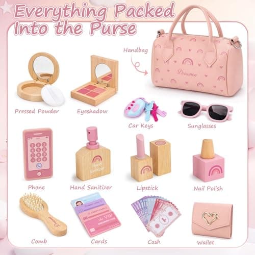 Dreamon Play Purse for Little Girls - 30PCS Toddler Purse with Wooden Pretend Makeup Kit, Handbag, Phone, Wallet, Keys - Princess Pretend Play Toys Birthday Gift for Girls Age 3 4 5 6 + Year Old - Thumbnail 2