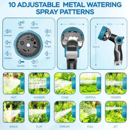 Heavy Duty Garden Hose Nozzle - 10 Spray Patterns, Thumb Control Water Pressure, Semi-Metal Construction Ergonomic Anti-Slip Handle, hose nozzle for Watering Plants, Car Wash, Pet Shower - Thumbnail 2