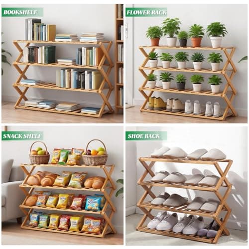 BLBPZL Bamboo Shoe Rack 4 Tier Collapsible - Shoe Rack for Entryway, Without Installation Storage Shelf Rack Perfect for Entryway Corridors Front Door Living Room Kitchen, Original Color - Thumbnail 3