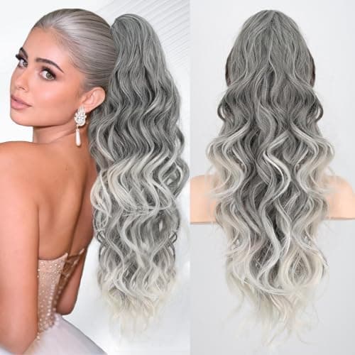 LRSICAL Ponytail Extension, Claw Clip Ponytail Extension Long Wave Ponytail Extensions for Women Fluffy Natural Synthetic 26 Inch Hairpiece for Daily Use(Color:Omber Grey） - Image 1