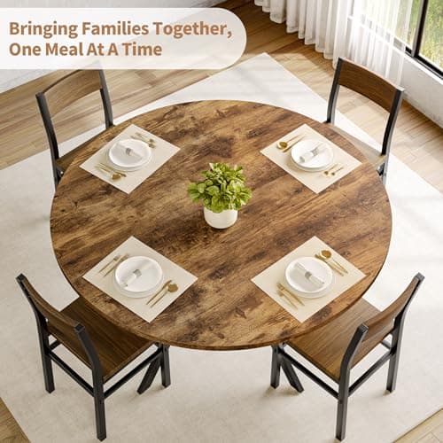 MECHYIN Round Dining Table for 2-4, 42 Inch Wood Kitchen & Dining Room Tables with Storage, Circle Dinner Table with Metal Legs, Space Saving Small Table for Dining Room, Kitchen, Rustic Brown - Thumbnail 4