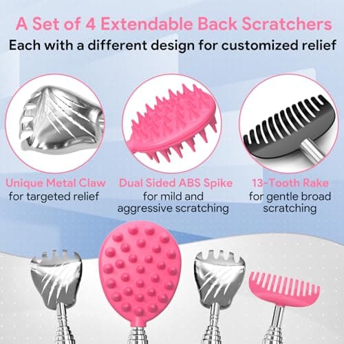 Gumry Versatile Back Scratcher - Portable Telescoping Extendable Back Massager Tool with Different Heads & Rubber Handles, Stocking Stuffers & Birthday Gifts for Women, Mom, Her, Men - Pink - Thumbnail 2