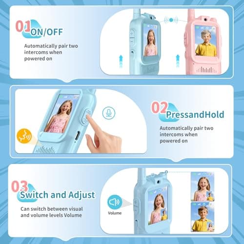 Walkie Talkies for Kids Pack of 2, Rechargeable Long Range 2 Way Radios Toys for Boys Girls Age 3-5, Birthday with Pink Blue Design,Outdoor Adventure Camping Hiking - Thumbnail 4