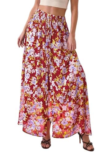 PRETTYGARDEN 2026 Summer Maxi Long Skirts for Women Trendy Boho Floral High Waisted Slit Flowy Travel Beach Vacation Clothes (Floral Red Purple,X-Large) - Thumbnail 2