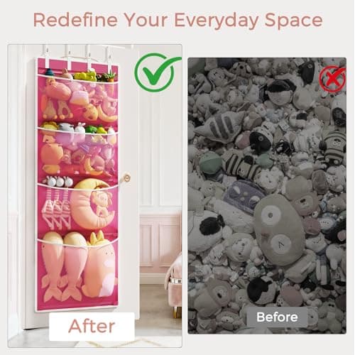 Criusia Over the Door Hanging Organizer, Extra-Large Door Storage Organizer with 4 Deep Mesh Pockets, Space-Saving Hanging Storage for Bedroom & Home Organization, Pink - Thumbnail 2