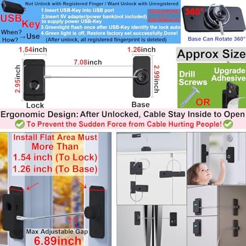 Bstsilver Fingerprint Refrigerator Lock Child Safety No Drill, Smart Biometric Latch for Cabinet Freezer Drawer Window, RV Fridge Lock Babyproofing 20 User for Kids Toddler Adult Cat Dog, with USB Key - Thumbnail 2