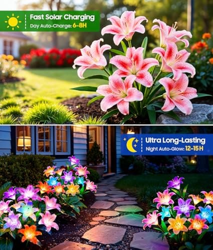 LETMY Solar Garden Lights, 4 Pack Solar Flower Lights with 6 Head Bigger Lily Lights, IP65 Waterproof Solar Lights Outdoor, Decorative Lights for Garden, Patio, Yard, Flower Bed - Thumbnail 3