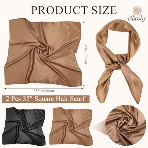 obeoby 2 Pcs Head Scarf for Women Like Silk Scarf, 35” Large Square Hair Scarf - Satin Scarf for Sleeping Hair Wrapping Beach Wear Travel Bandana for Women Gifts (Coffee Brown, Black) - Thumbnail 2