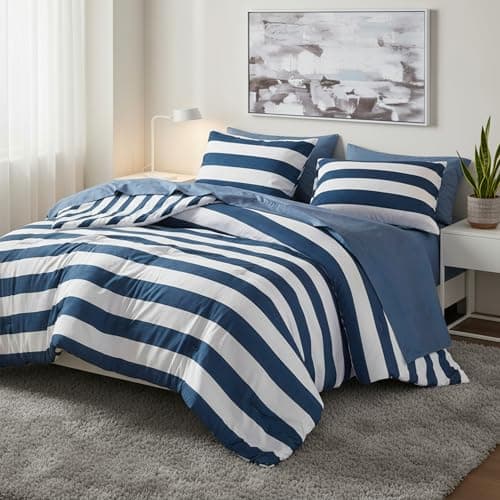 Reversible Striped Full Comforter Set-Bed in A Bag 7-Pieces Bedding Set with Double-sided Stripes Design-Warm & Cozy Bed Set Includes Full Size Comforter, Sheets Set, Pillowcases and Shams, Navy - Thumbnail 2