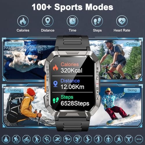 Military Smart Watch for Men(Answer/Make Call), Outdoor Sports Smartwatch with Flashlight/100 Days Battery/Compass/Heart Rate/SpO2/Sleep Monitor/2 Straps, Fitness Tracker for iPhone/Android Phones - Thumbnail 4