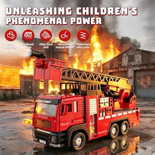 ADTHLIER 2 Pack Die-Cast Fire Truck 2 Pack, 1:50,Smoke Exhaust Water Spray Truck & Aerial Ladder Truck, with Lights & Sounds, for Kids 3-9 - Thumbnail 5