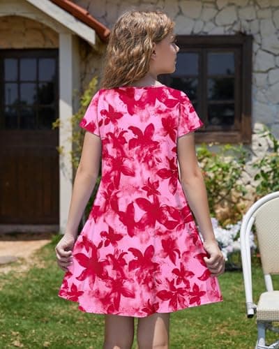 Girls Round Neck Summer Floral Short Sleeve Dress Kids Casual A line Beach Spring Dress with Pockets 2026 Red Flower Stamen 15-16 Years - Thumbnail 2