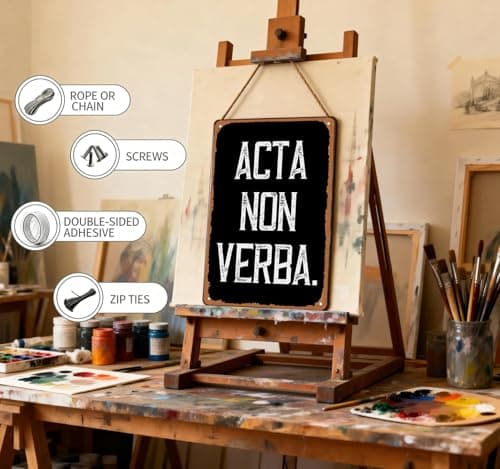 Acta Non Verba Metal Tin Sign – Vintage Black Motivational Wall Decor for Garage, Workshop, Man Cave or Office, Inspirational Action Quote Sign for Men - Thumbnail 5