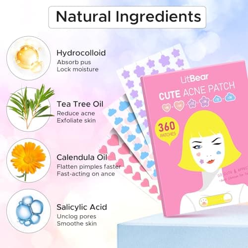 LitBear Acne Pimple Patch, 360 Dots 3 Shaped Colors Pimple Patches with Salicylic Acid, Tea Tree Oil & Calendula Oil, Hydrocolloid Acne Patch for Face, Blemish, Cute Zit Patch Pimple Sticker Acne Dots - Thumbnail 3