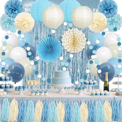 Dusty Blue Party Decorations Blue Birthday Party Balloons Paper Fans Pom Poms Tassel Garland Fringe Curtain for Birthday Baby Shower Bridal Shower Supplies - Image 1