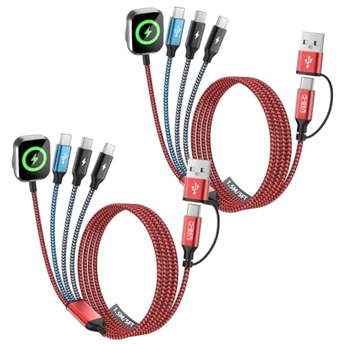 Travel Essentials 4in2 Multi Charging Cable for iPhone Watch Charger,USB A/C to 3 Type C/iWatch Charger,Charging Cables for Multiple Devices Compatible with iWatch 11-1/Ultra/SE&iPhone 17-12 5FT 2Pack