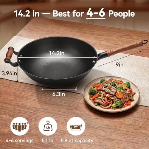 WANGYUANJI Cast Iron Wok Pan with Lid, 14.2 Inch Flat Bottom Uncoated Stir Fry Skillet, Large Heavy Duty Chinese Iron Pot for Family Cooking, Induction & Gas Safe - Thumbnail 4