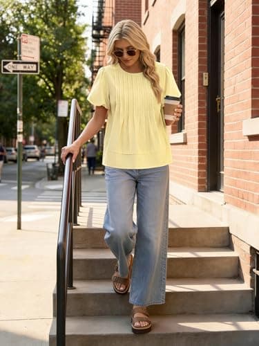 Funlingo Babydoll Tops for Women 2026 Summer Casual Puff Sleeve Blouses Crew Neck Loose Fit Flowy Pleated Shirts Trendy Clothing Yellow M - Thumbnail 6