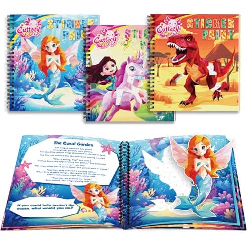 CutteeyFyry 3PCS Paint by Sticker Book for Kids Ages 4-8 - Sticker by Number Activity Books with Stories for Toddlers 2-4 | Travel Airplane Car Toys, Screen-Free Puzzle Gift for Girls Ages 3-5 4-6 6-8