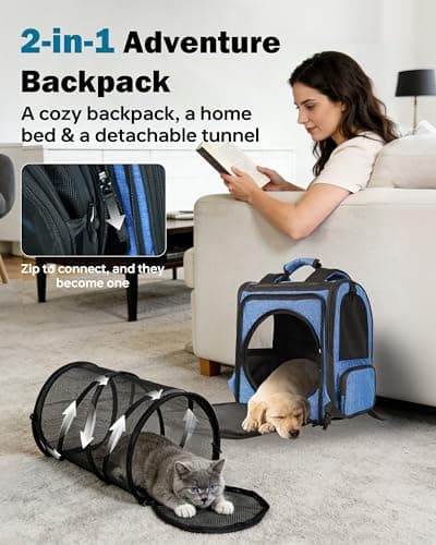 Cat Backpack Carrier, 2 in 1 Expandable Cat Backpack with Breathable Mesh,Cat Carrying Backpack with Detachable Round Play Tunnel for Cat 17lbs & Small Dog 13lbs,Blue. - Thumbnail 3