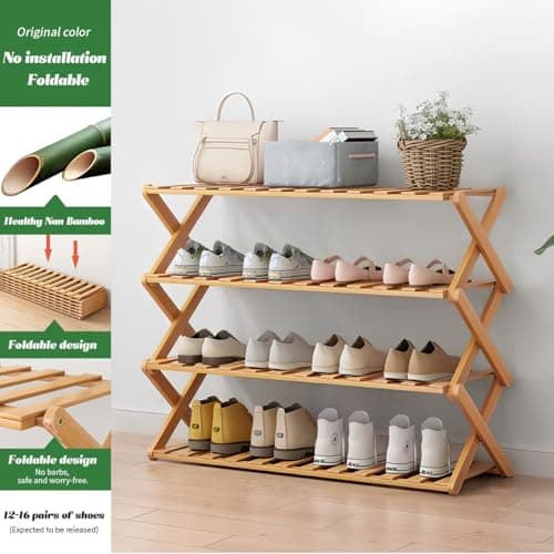 BLBPZL Bamboo Shoe Rack 4 Tier Collapsible - Shoe Rack for Entryway, Without Installation Storage Shelf Rack Perfect for Entryway Corridors Front Door Living Room Kitchen, Original Color - Thumbnail 2