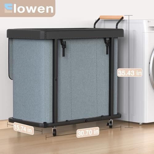 60 Gal (230L) Laundry Hamper 3 Section with Lid, Leather Patchwork Laundry Sorter with Rolling Lockable Wheels and Handle, Laundry Basket Organizer for Laundry Room, Bedroom and Bathroom - Gray - Thumbnail 6