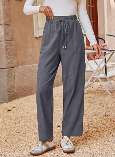 Dokotoo Linen Pants Women High Waisted Drawstring Stretch Pants Casual Loose Outdoor Travel Trousers Elastic Waistband with 4 Pockets Grey - Thumbnail 2