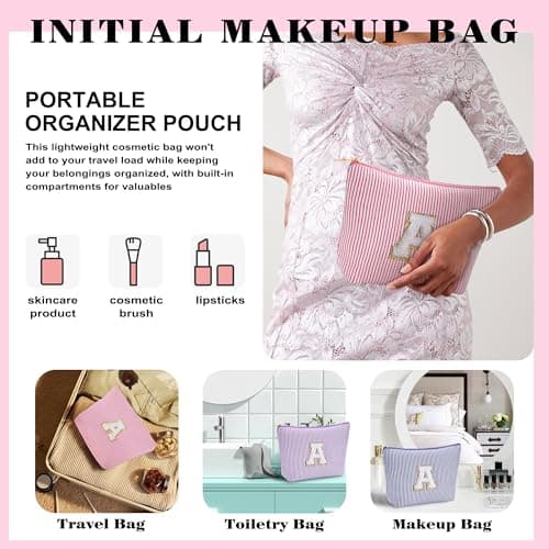 Fohufo Travel Essentials - Portable Travel Makeup Bag Set for Women, Portable Initial Travel Toiletry Bag, Makeup Pouch Organizer Cosmetic Bag Birthday Gifts for Women, Pink Letter D - Thumbnail 3