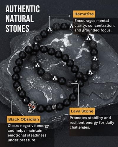 WestLuna Mens Triple Protection Bracelet - Hematite Lava Stone Black Obsidian Bracelet w Skull, 8MM Stone Beaded Bracelets for Men Jewelry Gifts (Medium) - Thumbnail 3