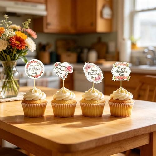 Oeyliz Happy Mothers Day Cupcake Topper 24 Pieces Flower Patterns Mom Cake Decorations Happy Mothers Day Cupcake Toppers for Mothers Day Party Cake Decorations - Thumbnail 3