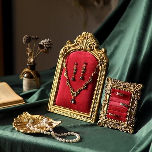 Aboacent 3-Piece Jewelry Display Stand, Velvet Necklace Display Set, Ring Holder Dish, Vintage, Earring Organizer, Baroque Trinket Storage Dish for Women Gifts, Necklace Jewelry Stand for Selling - Thumbnail 3